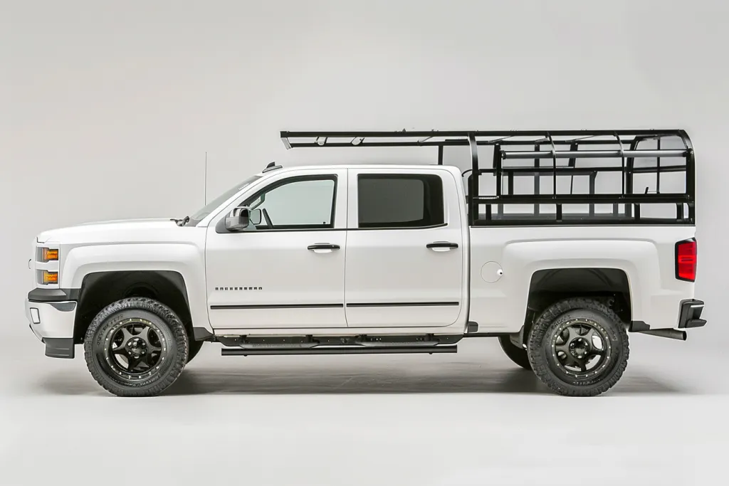 A white and black truck bed cover with metal frame for carrying objects