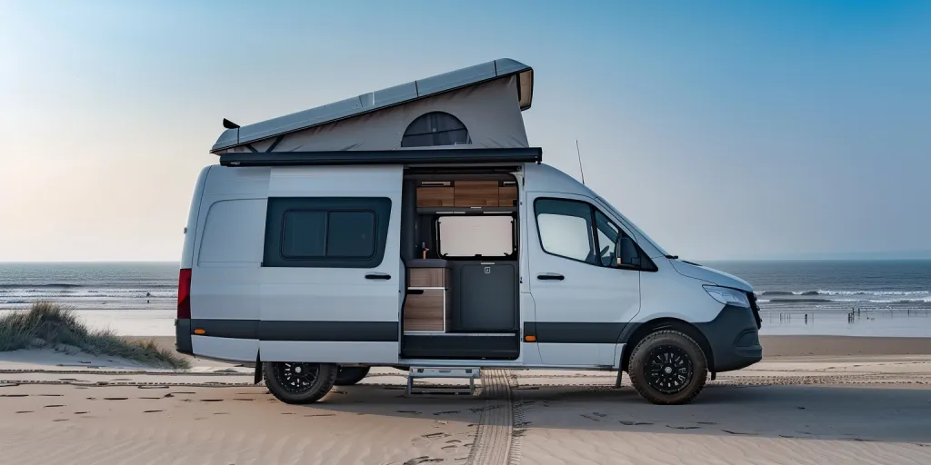 A white campervan with roof storage is parked on the beach with its door open in a full side view