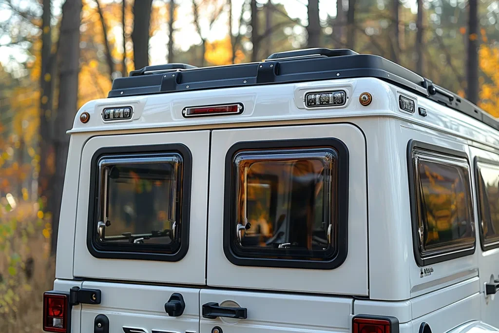 A white flat top roof cap with black windows for an trucks