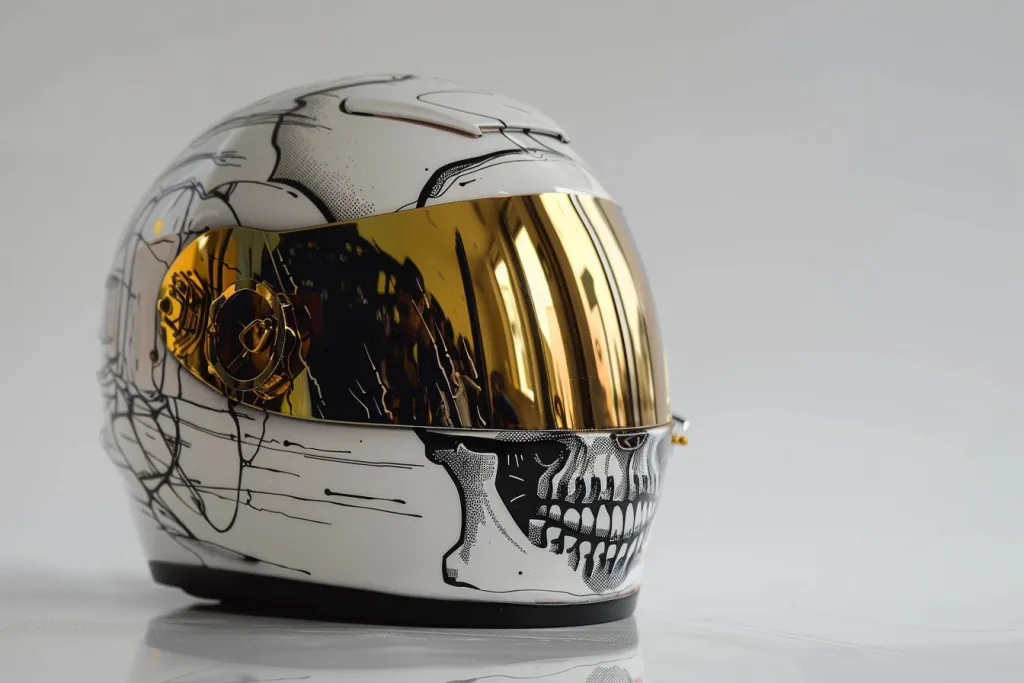 A white full face motorcycle helmet with an airbrushed skull design