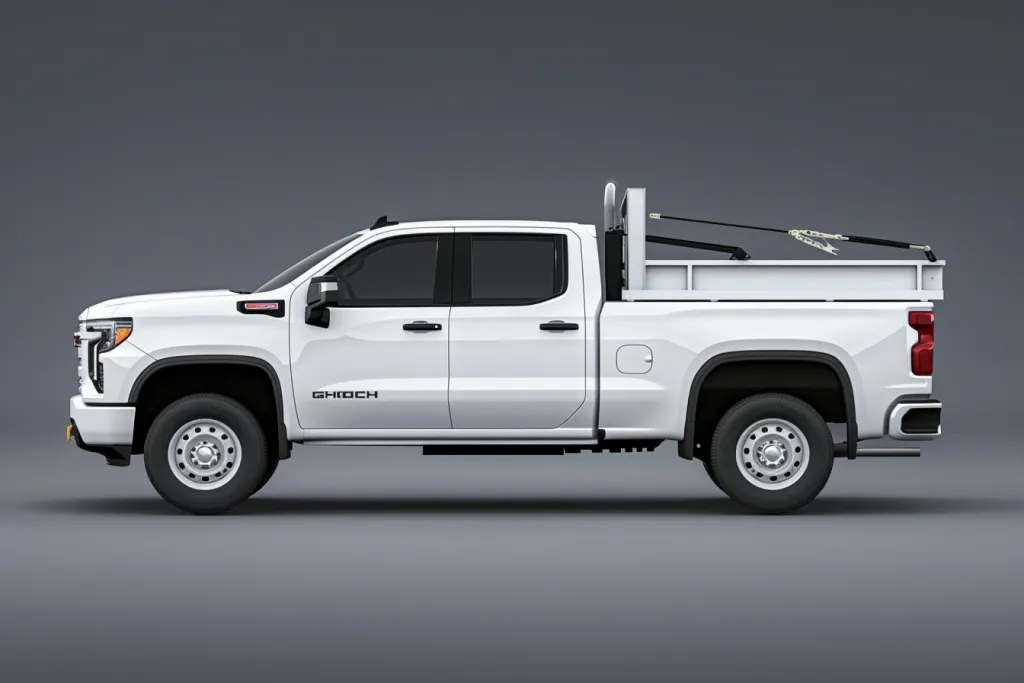 A white service truck with a cargo bed is depicted in the style of vector graphics on a black
