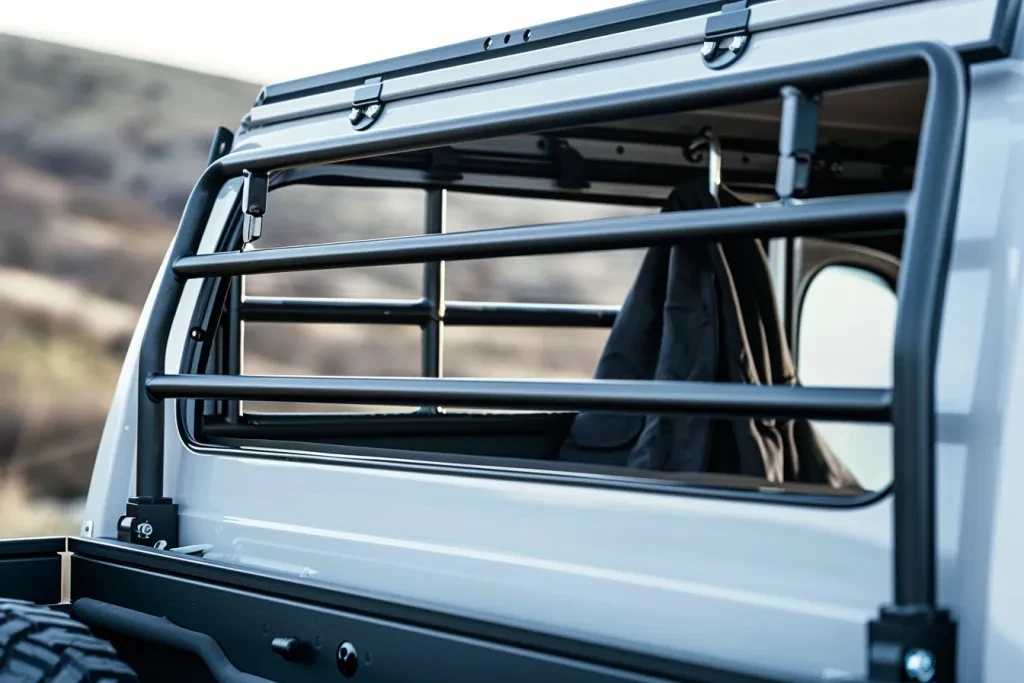 A white truck bed with black metal bars