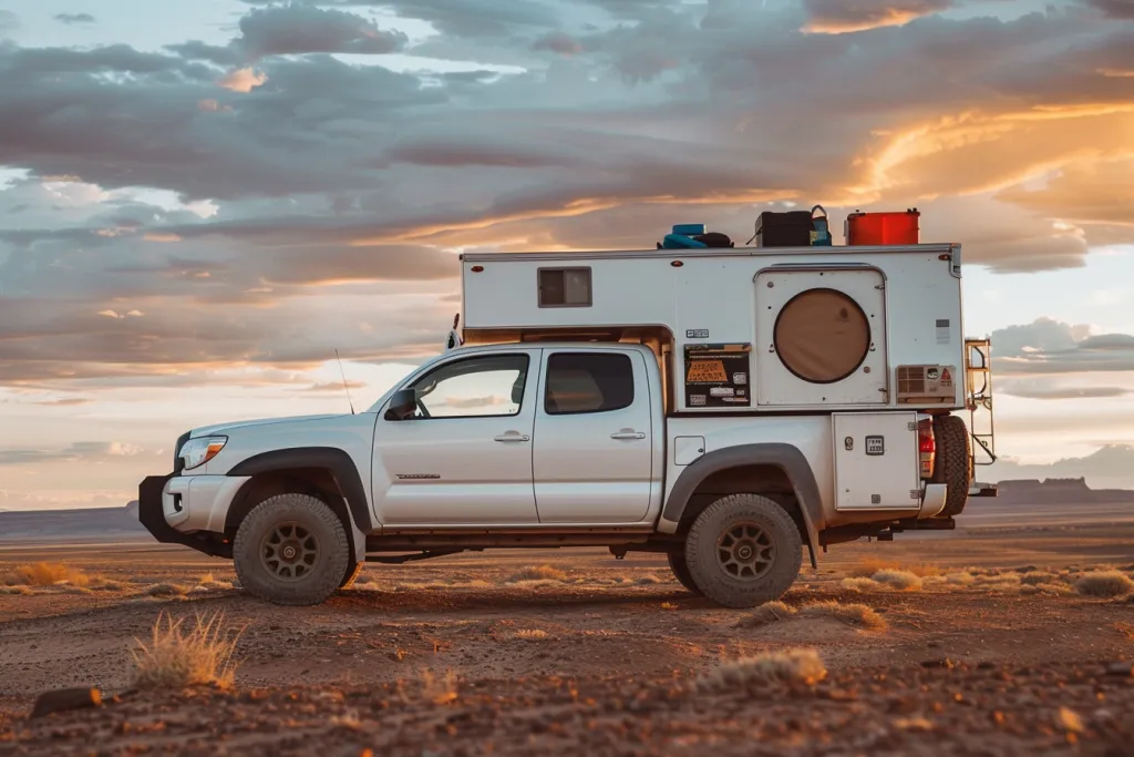 A white truck with a pop-up roof camper, parked in the desert at sunset