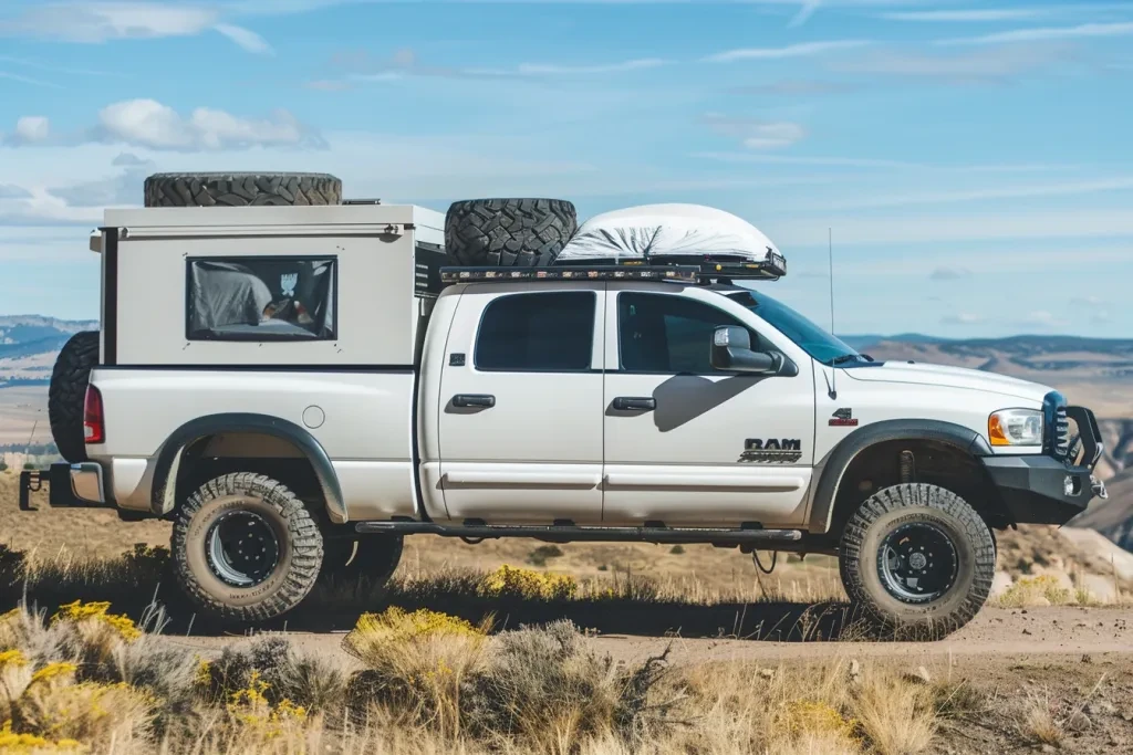 A white with a roof top tent box on the back, campervan style