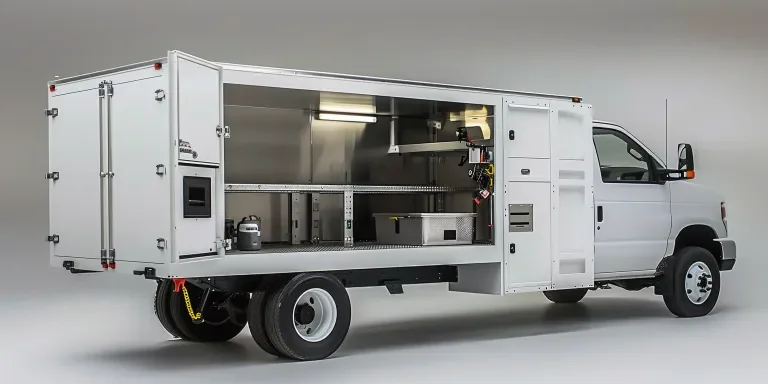 A white work truck bed with an open door