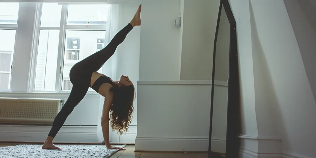 a woman is doing Wall Pilates