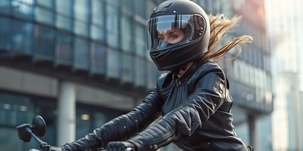 A woman in a black leather jacket and helmet riding a motorcycle