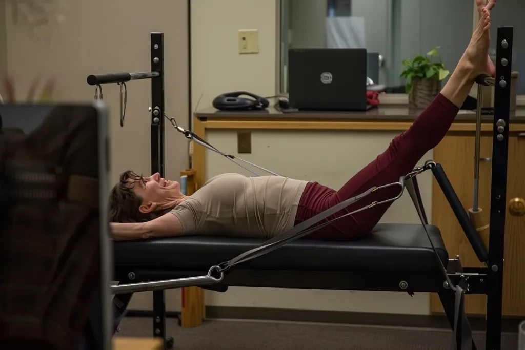 A woman in her late thirties is lying on the bars