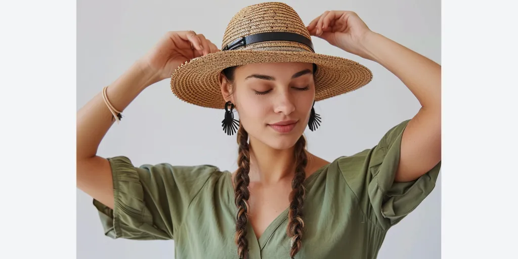 A woman is putting on her straw hat