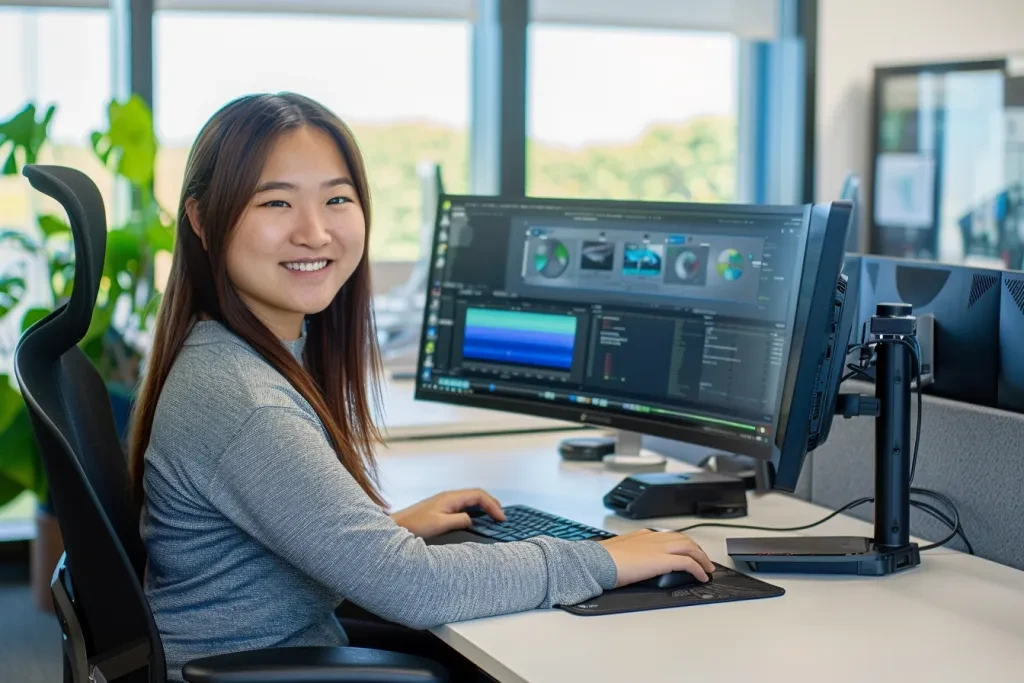 A woman is sitting at her desk