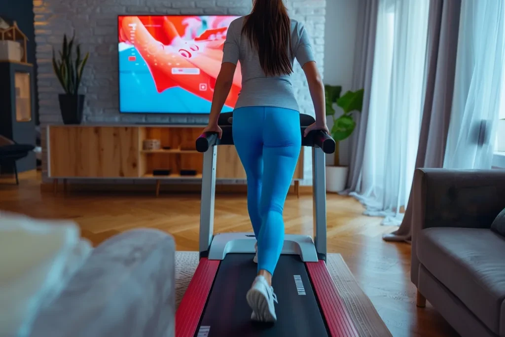 A woman is walking on a treadmill