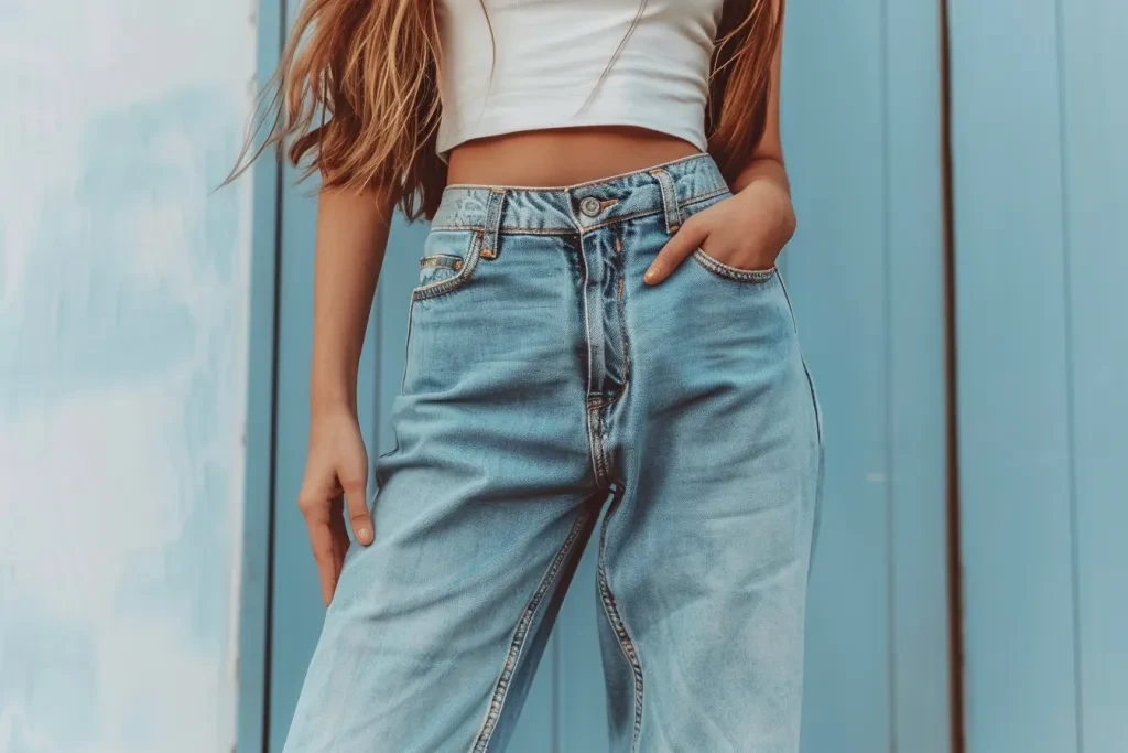 A woman wearing wide leg jeans