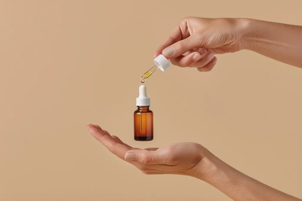 A woman's hand holds an amber dropper bottle with a white lid