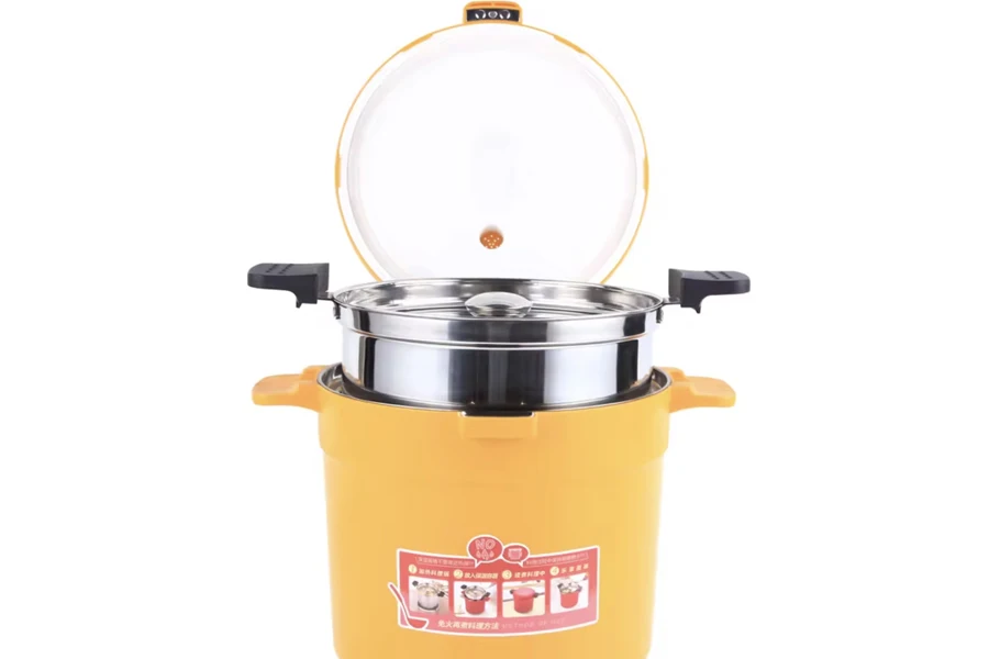 A yellow-colored thermal cooker with open lid
