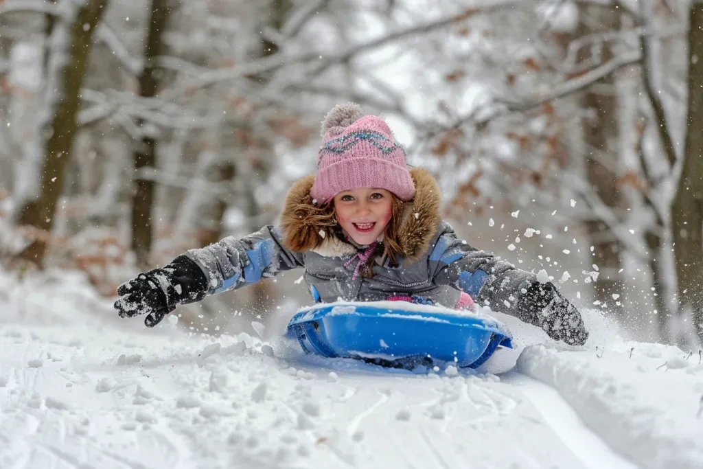 A young girl is sledding down