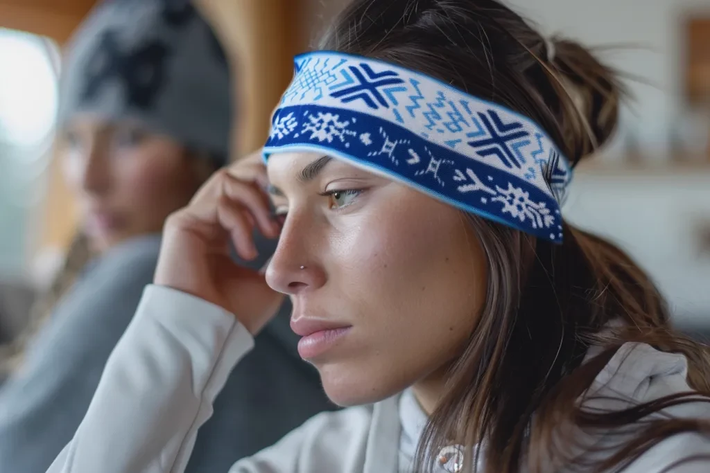 An adult woman with long hair is wearing an athletic headband made of blue