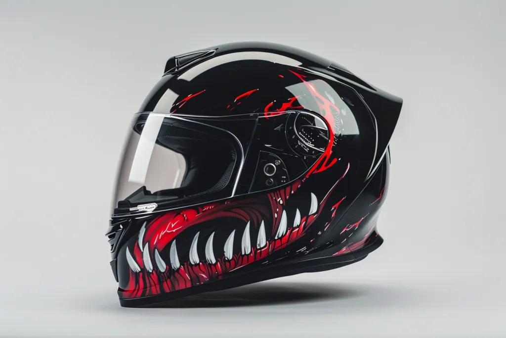 An advanced full-face motorcycle helmet with an illustration of the venom character