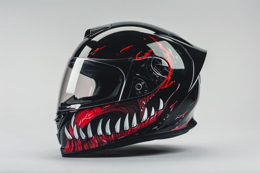 An advanced full-face motorcycle helmet with an illustration of the venom character