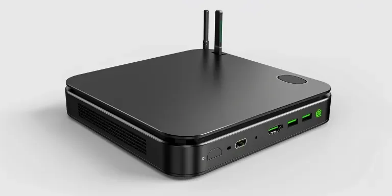 An black mini PC with an open back panel