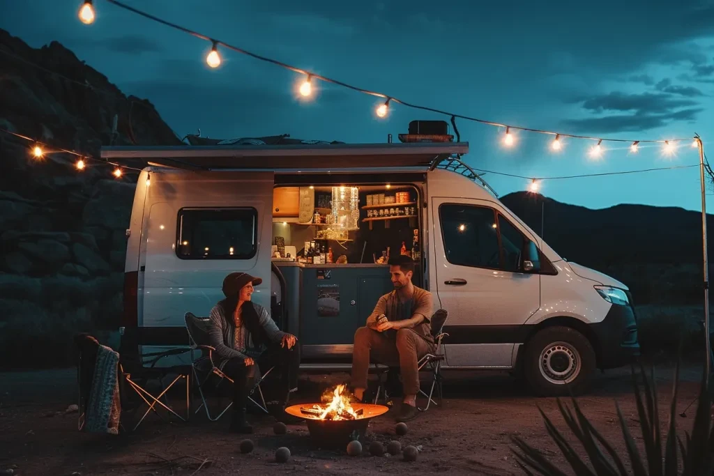 An elegant and stylish modern white slime van with a black roof rack and grey awning