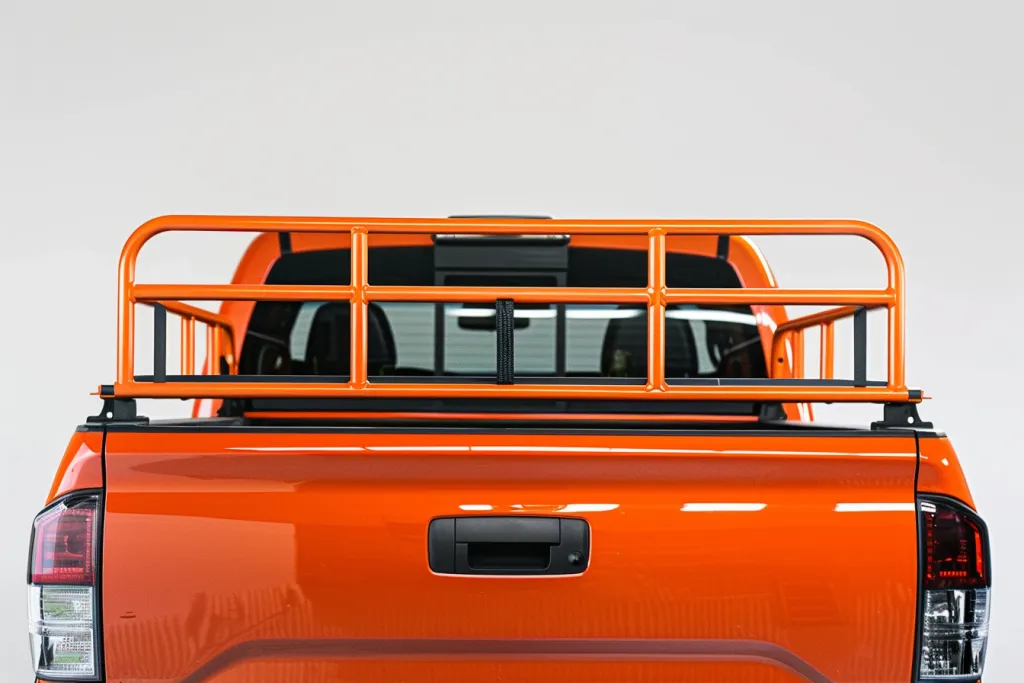 An orange cargo rack on the back truck bed