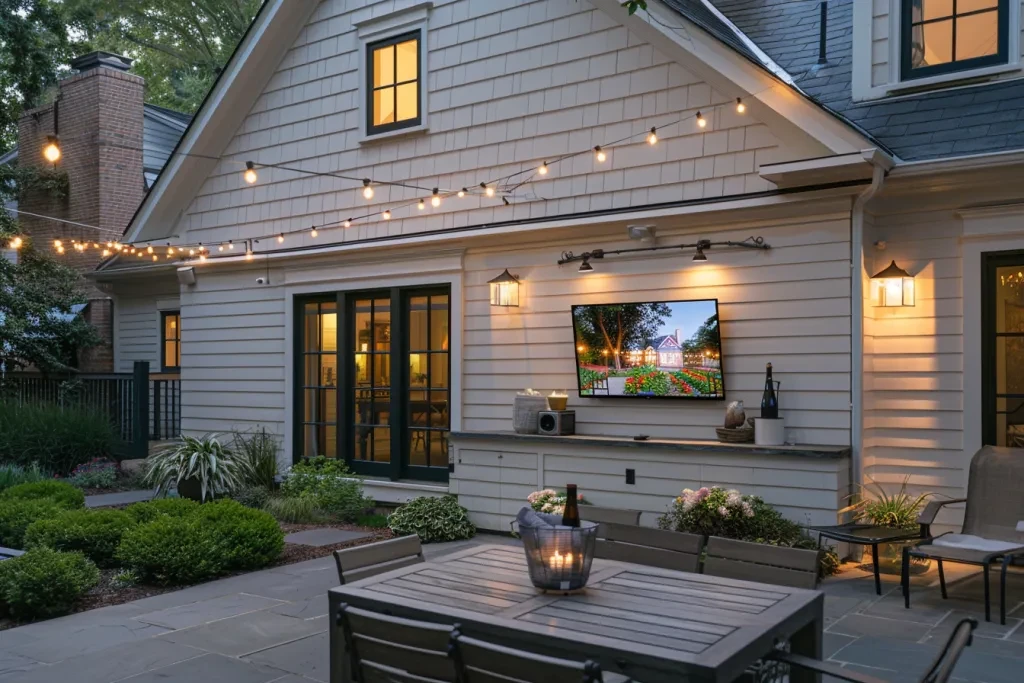 An outdoor TV is mounted on the side of a house