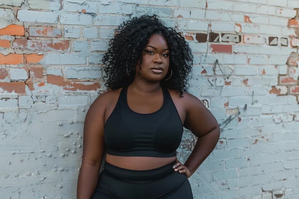 An woman plus size model wearing black high-waisted yoga pants