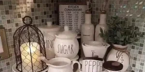 Antique farmhouse table riser with marked food containers