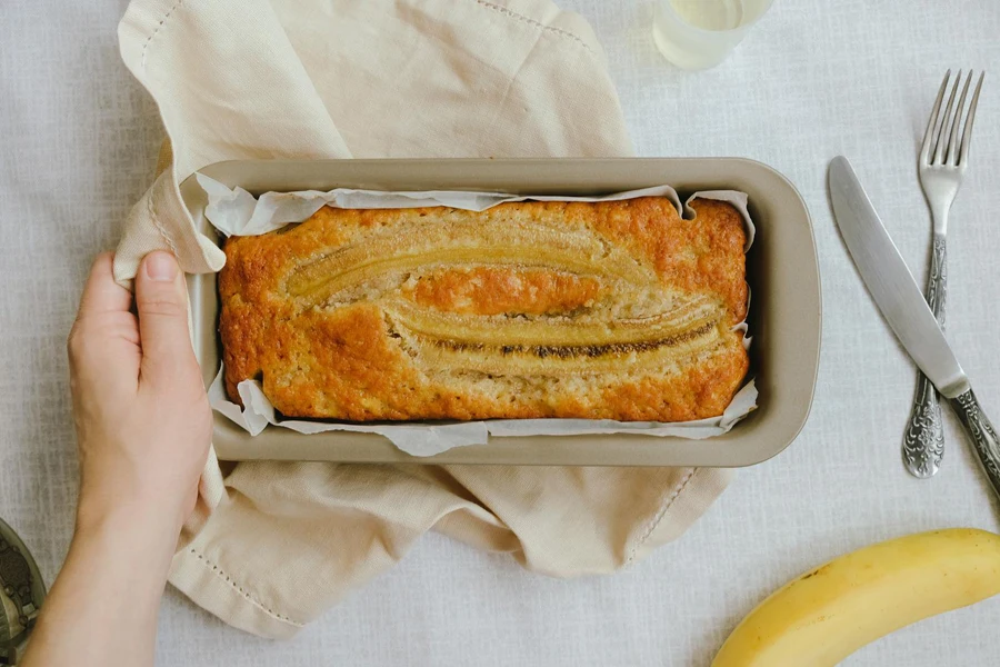 Banana bread baked in silicone loaf pan