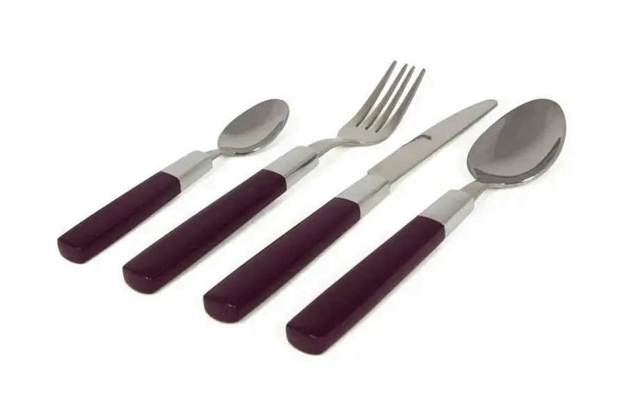 Basic stainless steel cutlery set with burgundy easy grip handle