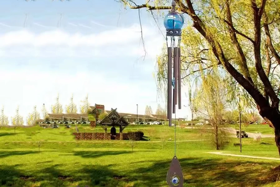 Beautiful blue glass top and metal tube wind chimes