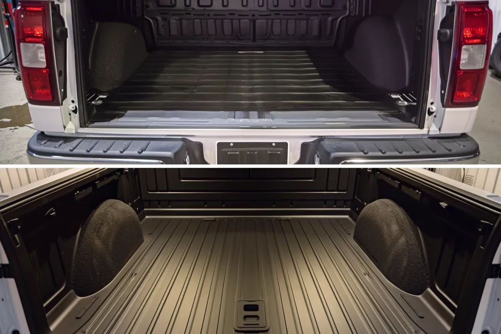 Before and after photos of the bed area of an truck with black rubber matting