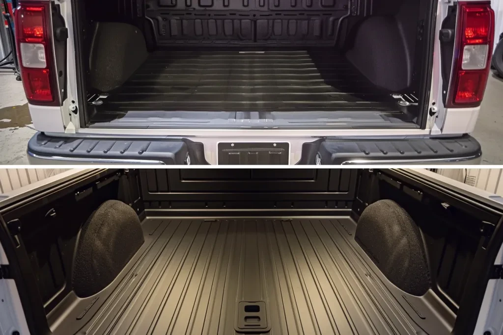 Before and after photos of the bed area of an truck with black rubber matting