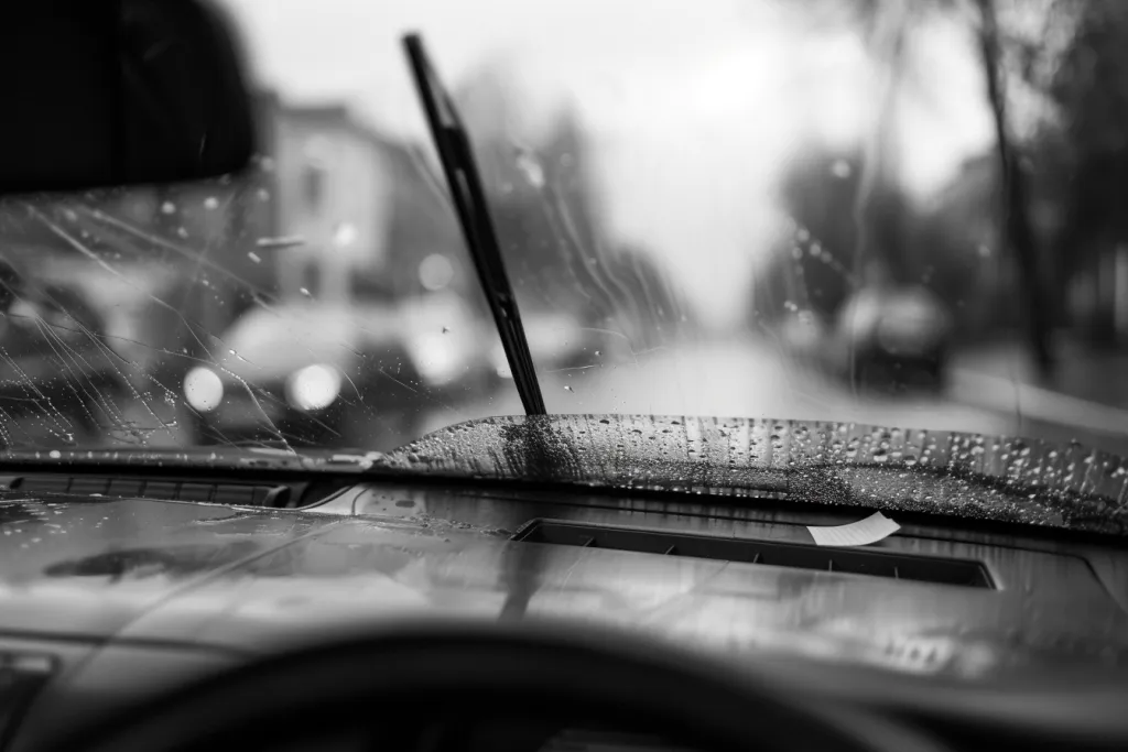 Black and white photo of an open car windshield wipped with the blade