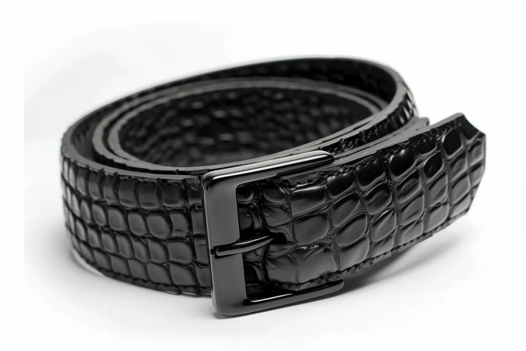 Black crocodile leather belt with matte black metal gun plate