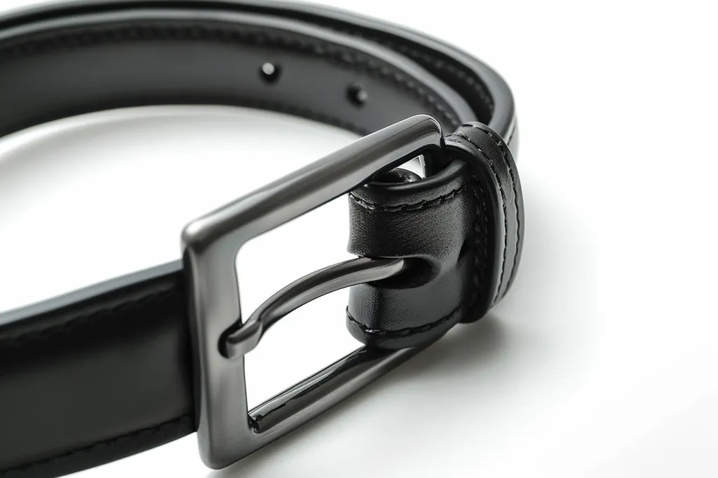 Black leather belt with metal buckle on white background
