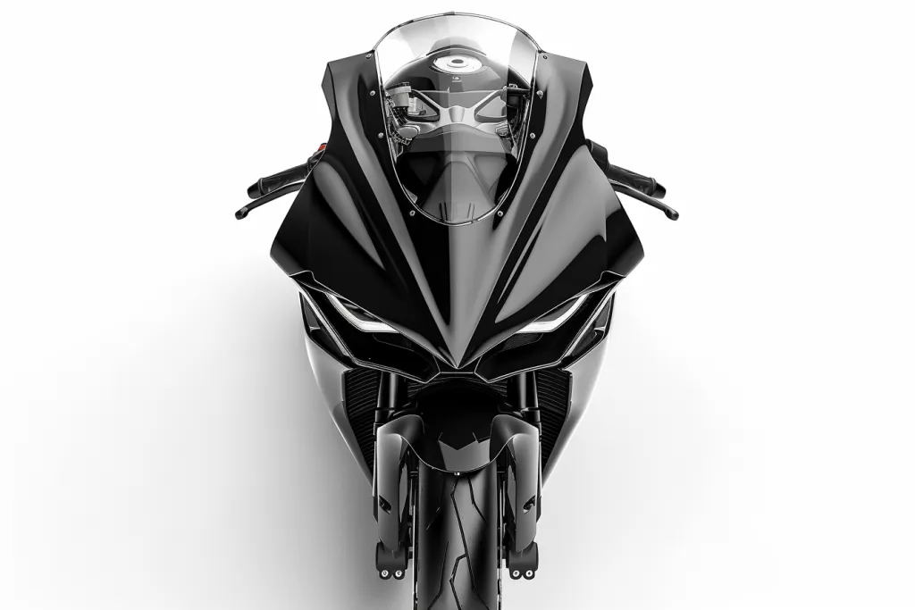 Black motorcycle front fairing on a white background