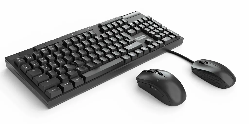 Black wireless gaming keyboard and mouse set isolated