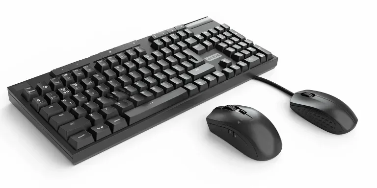 Black wireless gaming keyboard and mouse set isolated
