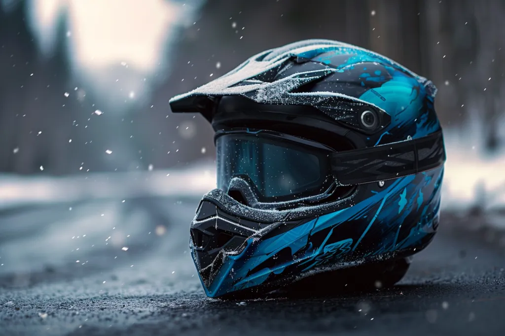 Blue and Black Snowmobile Helmet with Ghespray