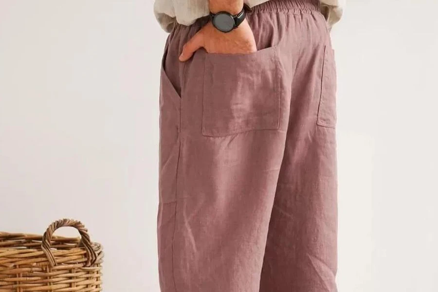Brown linen pants with multiple pockets