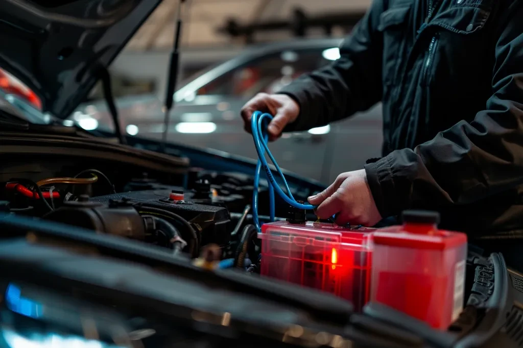 Car mechanic charging a car battery with a primary battery charger