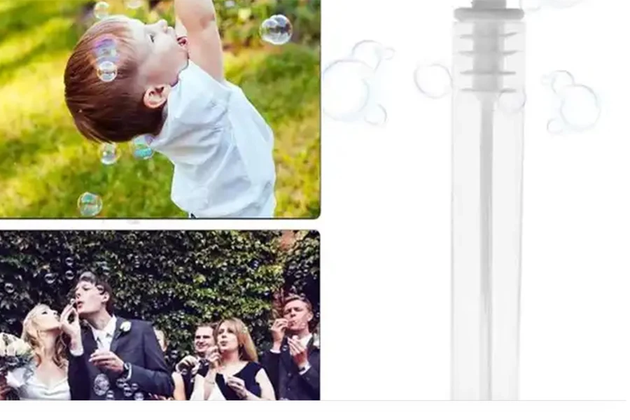 Child and adults blowing bubbles and a bubble wand