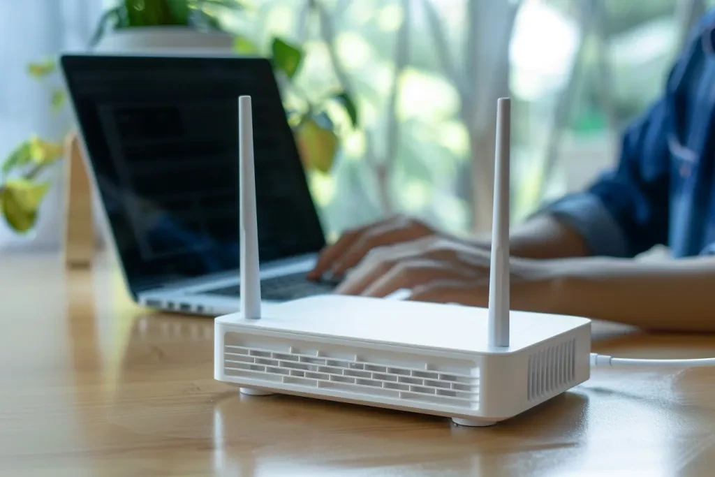 Close up of a white plastic router with one antenna on a table