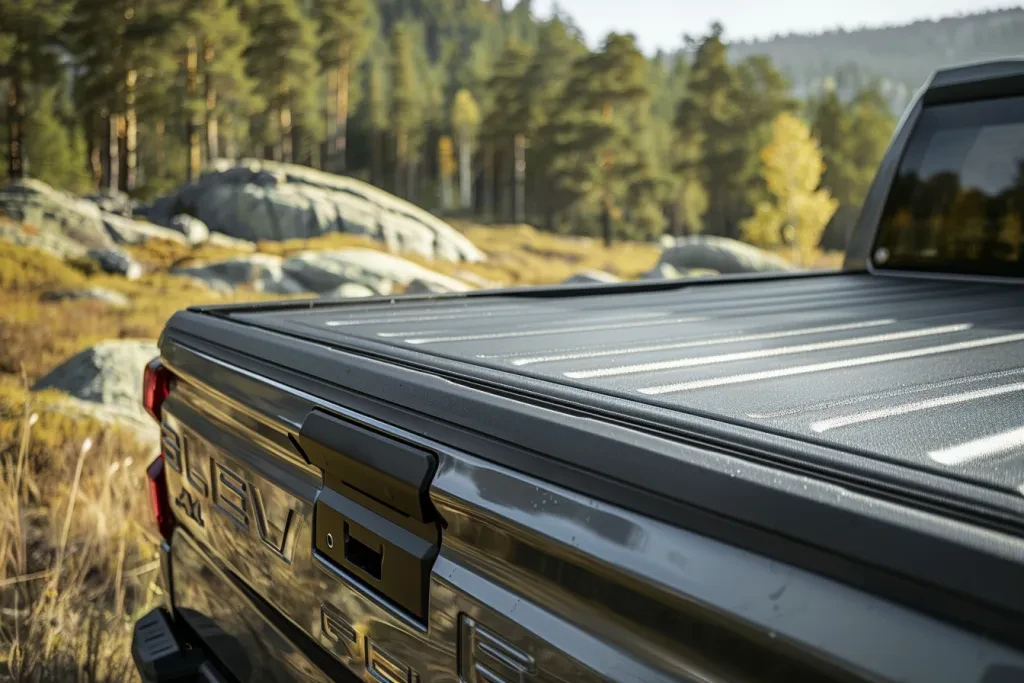 Close up of an empty black truck bed cover in the back side view