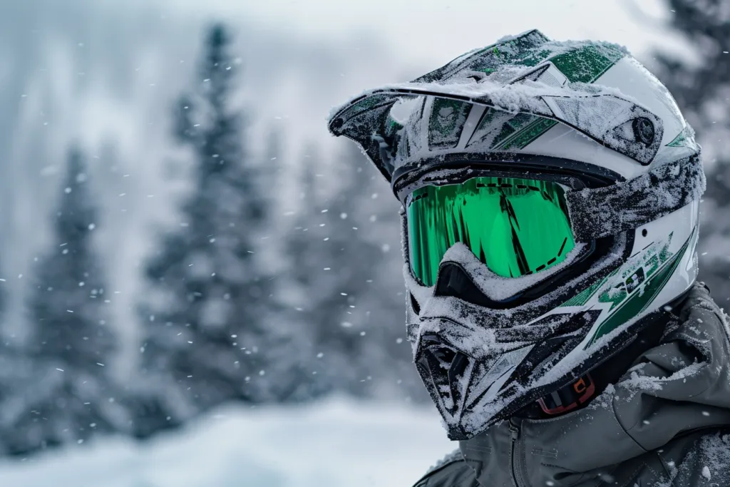 Close up of snowmobile helmet with green and white colors