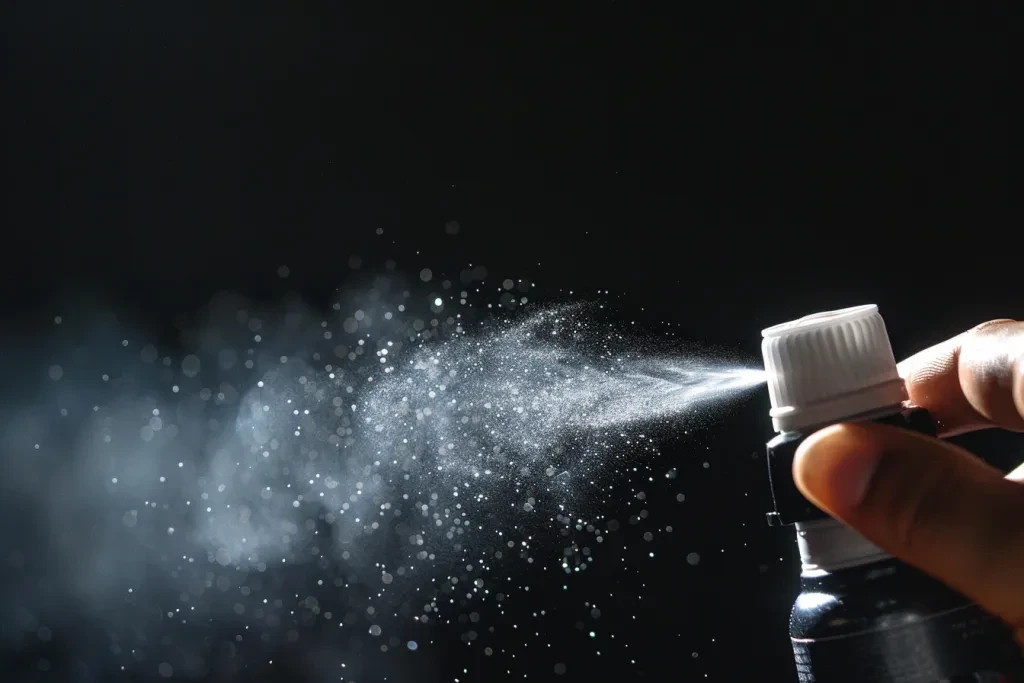 Closeup of a spray can with a finger about to press the button