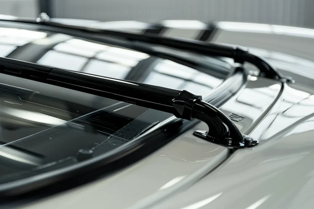 Closeup of the front windshield through a black windscreen bottle