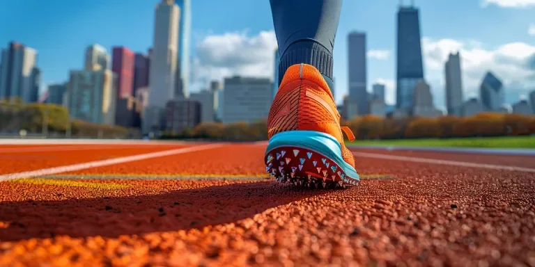 Closeup of the orange running shoes with cyan sole