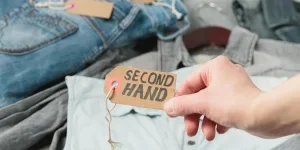 Clothes from females wardrobe on shelf of second hand store